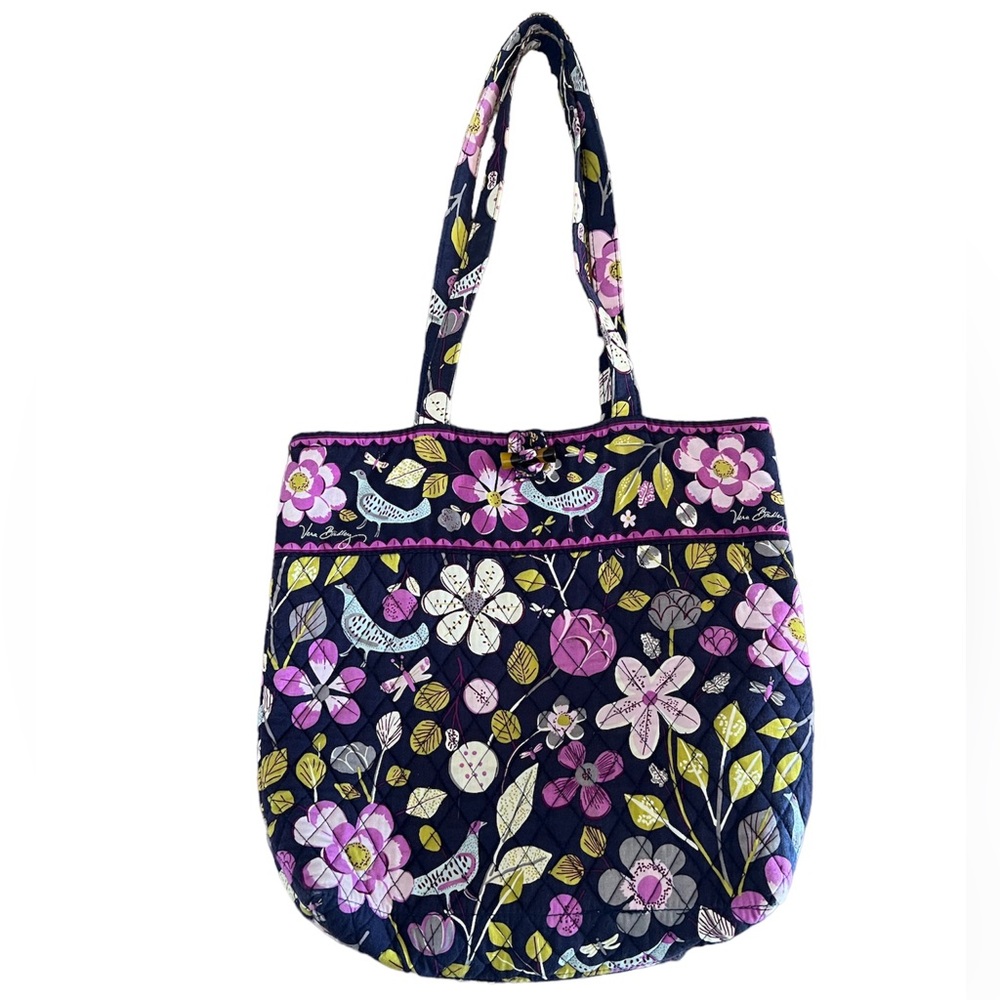Vera Bradley Floral Nightingale Tote Bag- Purple w/ Flowers Birds & Dragonflies
